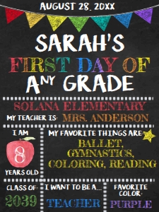 School Sign - Back to School Poster Chalkboard Flag Chalk FIRST - Tablet Size: School Sign - Chalkboard Rainbow Flag with Info