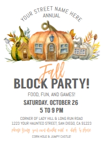 Invite - Fall Block Party White Pumpkins Watercolor 5x7: Invite - Fall Block Party White Pumpkins