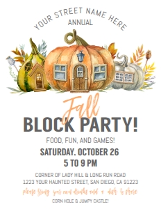 Invite - Fall Block Party White Pumpkins Watercolor Flyer 8.5x11: Invite - Fall Block Party White Pumpkins