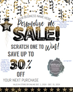 Sign - Small business Scratch Win Black Gold Balloon Directions 8x10: Scratch Off Win - Business Card Black Gold Balloon