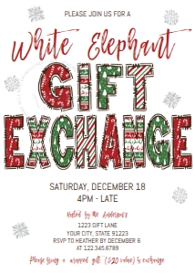 Invite - White Elephant Gift Exchange Font Christmas Part 5x7: White Elephant Gift Exchange - Font Letters