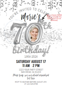 Invite - Foil Balloon Party 5x7 - 70th Platinum with Photo: Invite - Foil Balloon Party - 70th Platinum