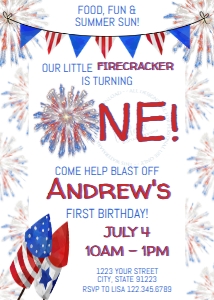Invite - 4th of July Firecracker Birthday ONE 5x7 - White: Invite - Firecracker Birthday ONE White