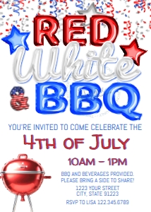 Invite - 4th of July Red White and BBQ Balloons 5x7: Invite - 4th of July Red White & BBQ Foil Balloons