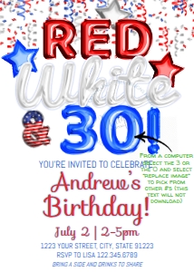 Invite - 4th of July Red White & 30 Foil Balloon Birthday 5x7: Invite - 4th of July Red White & 30 Birthday Any Age