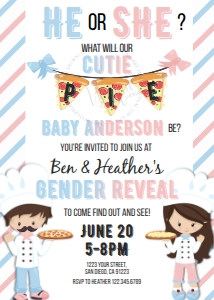 Invite - Gender Reveal Pizza Pie Sausage Party Pink Blue - 5x7: Invite - Gender Reveal Pizza Pie Sausage Party Pink Blue