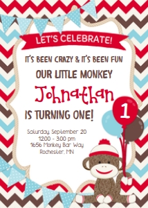 Sock Monkey Invite & Backside-Chevron: Sock Monkey Red Party