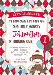Sock Monkey Invite & Backside-Argyle: Sock Monkey Red Party