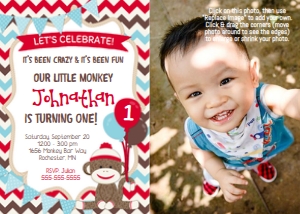 Sock Monkey Photo Invite & Backside-Chevron: Sock Monkey Red Party