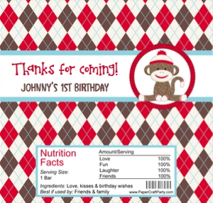 Sock Monkey Hershey Bar Wrap 1.55oz/43g: Sock Monkey Red Party