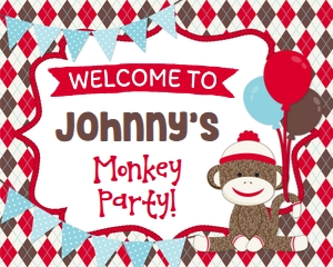 Sock Monkey Welcome Signs-Argyle/Chevron: Sock Monkey Red Party