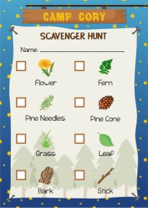 Camping 8 Item Scavenger Hunt List 0018: Camping Scavenger Hunt Lists 0018