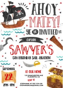 Pirate Invitation - 5x7"- #409: Pirate Invitation - 5x7"- #409