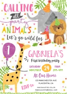 Party Animals Invitation - 5x7"- #324-1: Party Animals Birthday Girl Invitation Editable Instant Download