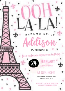 Paris Birthday Party Invitation 5x7" - #376: Paris Birthday Party Invitation 5x7" - #376