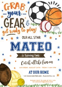 All Stars Sports Birthday Invitation 5x7"- #438: All Stars Sports Birthday Invitation 5x7"- #438