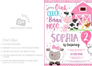 Pink Gingham Barnyard Photo Invitation - #415: Barnyard Girl Photo Invitation - 415