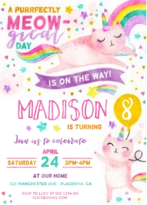 Caticorn 5x7" invitation - 496: Caticorn Birthday Invitation - #496