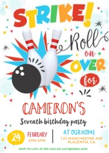 Bowling Birthday Invitation - 5x7"- #389: Bowling Birthday Invitation - 5x7"- #389