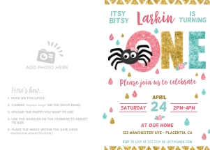Itsy Bitsy 1st Birthday Photo Invitation - Pink, Gold & Teal colors - #461: Itsy Bitsy 1st Birthday Photo Invitation - Pink, Gold & Teal colors - #461