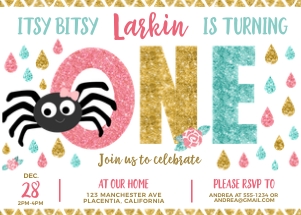 Itsy Bitsy 1st Birthday Invitation - Pink, Gold & Teal colors - #461: Itsy Bitsy 1st Birthday Invitation - Pink, Gold & Teal colors - #461