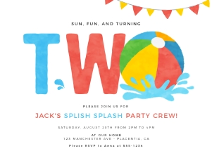 Pool Party Second Birthday Invitation - 5x7" - #427: Pool Party Second Birthday Invitation - 5x7" - #427