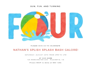 Pool Party Fourth Birthday Invitation - 5x7" - #427: Pool Party Fourth Birthday Invitation - 5x7" - #427