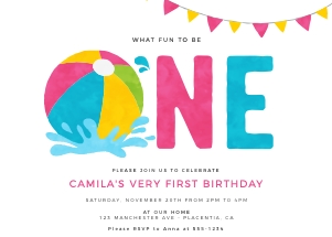 Pool Party First Birthday Pink Invitation - 5x7" - #427: Pool Party First Birthday Pink Invitation - 5x7" - #427