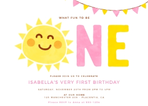 Sunshine First Birthday Pink Invitation - 5x7" - #481: Sunshine First Birthday Pink Invitation - 5x7" - #481