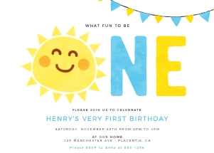 Sunshine First Birthday Blue Invitation - 5x7" - #481: Sunshine First Birthday Blue Invitation - 5x7" - #481