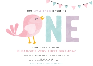 Little Birdie First Birthday Pink Invitation - 5x7" - #364 design preview