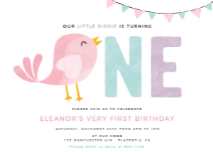 Little Birdie First Birthday Pink Invitation - 5x7" - #364: Little Birdie First Birthday Pink Invitation - 5x7" - #364