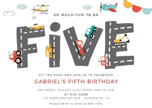 City Transportation Fifth Birthday Invitation - 5x7" - #509 P: City Transportation Fifth Birthday Invitation - 5x7" - #509 P