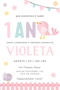 Convite Passarinho Rosa - 10x15cm - #364: Convite Passarinho Rosa - 10x15cm - #364