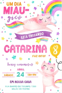 Convite Gato-Unicórnio Caticorn 10x15cm - 496: Convite Gato-Unicórnio Caticorn 10x15cm - 496