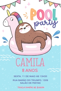 Convite Pool Party Bicho Preguiça  - #340: Convite Pool Party Bicho Preguiça  - #340