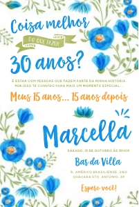 Convite Aniversário Azul Floral - 1990: Convite Aniversário Azul Floral - 1990