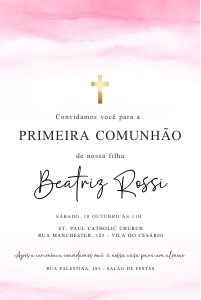 Convite Primeira Comunhão Aquarela Rosa - PC011-1: Convite Primeira Comunhão Aquarela Rosa - PC011-1