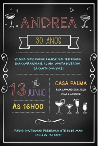 Convite Lousa Drinks - 10x15cm - #327-1: Convite Aniversário Lousa Giz e Drinks Editável