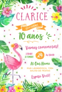 Convite Aniversário Flamingo Tropical - 10x15cm - #489: Convite Aniversário Flamingo Tropical para Editar