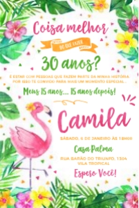 Convite Aniversário Flamingo Tropical - 10x15cm - #489-1: Convite Aniversário 30 Anos Flamingo Tropical para Editar