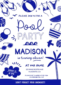 Pool Party Doodle Invitation - 5x7"- #323: Hand Drawn Pool Party Birthday Invitation Editable Printable