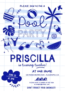 Pool Party Doodle Invitation - 5x7"- #323-1: Hand Drawn Pool Party Birthday Invitation Editable Printable