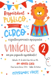 Convite Circo Leão - 10x15cm - #322: Convite Circo Leão Infantil Editável para Editar