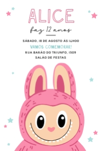 Convite Labubu - 10x15cm - #321: Convite Aniversário Labubu Trendy Editável para Imprimir