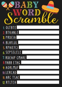 Fiesta Baby Shower Word Scramble BB035: Fiesta Baby Shower Games Set Template BB035 MASTER