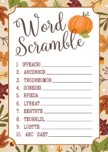 Fall Rustic Baby Shower Word Scramble Game BB012: Fall Rustic Baby Shower Game Set Templates BB012 MASTER