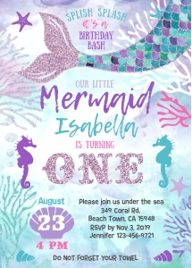 060HPA mermaid 03 BDay ONE invitation 5x7: 060HPA 03 mermaid BDay ONE invitation 5x7