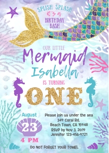060HPA mermaid 08 BDay ONE gold invitation 5x7: 060HPA 08 mermaid BDay ONE gold invitation 5x7
