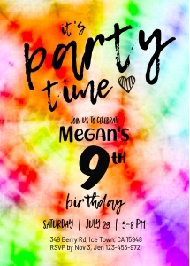 186hpa 02 TieDye party invitation 5x7 rainbow design preview